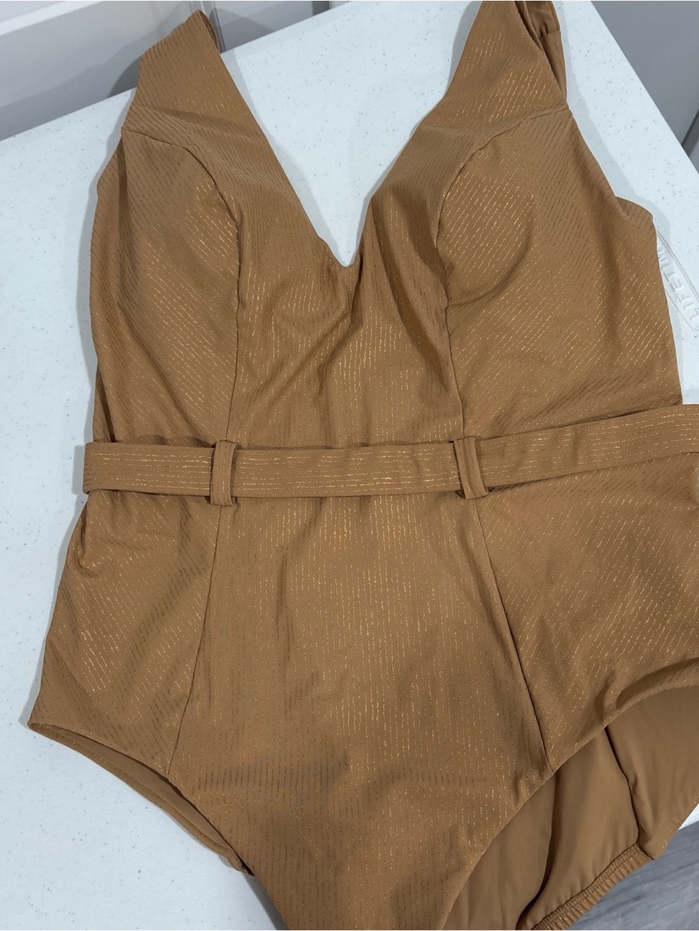 Tory Burch Kupta Metallic Tan Shimmery One-Piece Swimsuit with Belt